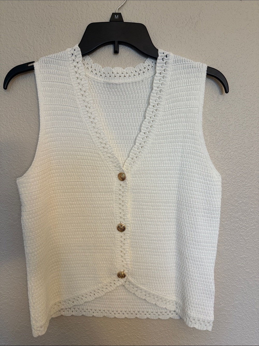 White Crochet Knit Sleeveless Cardigan Vest